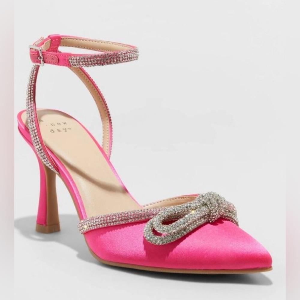 Pink Satin Like Pointy Toe Heels Sparkly Rhinestone Elegant Shoes New Size 11